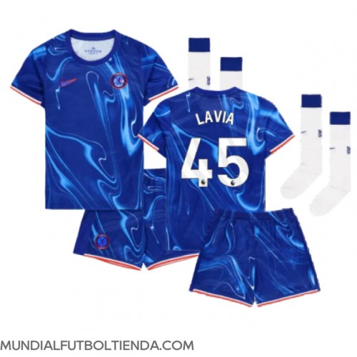 Camiseta Chelsea Romeo Lavia #45 Primera Equipación Replica 2024-25 para niños mangas cortas (+ Pantalones cortos)